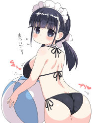 Rule 34 | 1girl, ass, back, ball, beachball, bikini, black bikini, black hair, blunt bangs, blush, breasts, closed mouth, cowboy shot, hair ribbon, highres, holding, holding ball, holding beachball, large breasts, leaning forward, long hair, looking at viewer, looking back, low twintails, maid (naitou kouse), maid headdress, naitou kouse, original, ribbon, side-tie bikini bottom, simple background, solo, standing, sweat, sweatdrop, swimsuit, thighs, twintails, white background, white ribbon