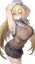 1girl absurdres aochoku armpits arms_up black_skirt blonde_hair blush breasts brown_sweater_vest commentary elbow_gloves gloves hair_between_eyes highres large_breasts long_hair looking_at_viewer miniskirt pleated_skirt school_uniform shirt shokuhou_misaki simple_background skindentation skirt smile solo sparkling_eyes summer_uniform sweat sweater_vest symbol-only_commentary thighs toaru_kagaku_no_railgun toaru_majutsu_no_index tokiwadai_school_uniform white_background white_gloves white_shirt yellow_eyes