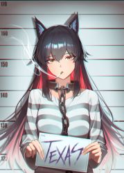 1girl absurdres alternate_costume animal_ear_fluff animal_ears arknights black_hair brown_eyes chain character_name chromatic_aberration cigarette collar commentary_request drop_shadow hair_between_eyes highres holding huge_filesize jaws_(okdol0928) long_hair long_sleeves looking_at_viewer mouth_hold mugshot multicolored_hair prison_clothes red_hair shirt smoke smoking solo striped_clothes striped_shirt texas_(arknights) upper_body very_long_hair wolf_ears