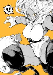 ! !! 1girl absurdres animal_ears bare_shoulders belt_around_waist boku_no_hero_academia breasts carrot collared_leotard covered_navel floating_hair gloves greyscale_with_colored_background highres large_breasts long_eyelashes long_hair looking_at_viewer mirko orange_background orange_eyes outstretched_arms parted_bangs prosthesis prosthetic_leg rabbit_ears rabbit_girl rabbit_tail sack scar scar_on_face smile solo spot_color spread_arms spread_legs squatting tail teeth thick_thighs thighhighs thighs toned toned_female very_long_hair yotsumi_shiro