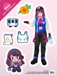 1girl artist_name artist_request ascot baseball_cap bay_area_rapid_transit black_hat black_pants black_shoes blue_hairband blue_shirt blue_vest brown_eyes character_name check_artist chibi collared_shirt english_text full_body hairband hat highres holding holding_map id_card julie_(rolleybun) kaiami lanyard looking_at_viewer map mira_(bart) multiple_views open_mouth pants pink_ascot pink_background purple_hair semi-rimless_eyewear shirt shoes short_sleeves smile under-rim_eyewear vest