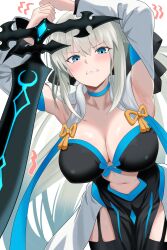 1girl bamboo_tac black_bow blue_eyes blush bow breasts cleavage dress fate/grand_order fate_(series) grey_hair hair_bow highres large_breasts long_hair long_sleeves looking_at_viewer morgan_le_fay_(fate) navel ponytail sidelocks solo thighhighs two-tone_dress