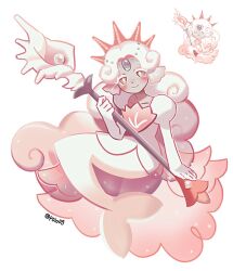 1girl black_pearl_cookie brassard cloud_hair colored_skin cookie_run cookie_run:_kingdom coral_hair_ornament curly_hair dress fins gem gloved_sleeves gloves head_fins humanization light_persona long_hair mermaid michelin_(p0lo09) monster_girl pearl_(gemstone) puffy_sleeves smile tiara white_hair white_pearl_cookie