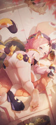 1girl absurdres animal_ear_fluff animal_ears ass bangs_pinned_back barefoot beret black_hat black_shorts blush boots bridal_gauntlets cat_ears cat_girl cat_tail chinese_commentary closed_mouth clothes_pull cocktail_shaker commentary_request diona_(genshin_impact) english_text feet food from_behind fruit full_body genshin_impact grapes green_eyes hat highres holding holding_boots holding_footwear holding_unworn_clothes icecake long_sleeves looking_at_viewer looking_back panties pink_hair pink_shirt pouring shirt short_hair shorts shorts_around_one_leg shorts_pull soles solo tail thick_eyebrows toes top-down_bottom-up underwear unworn_boots white_panties