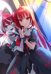 Rule 34 | 2girls, absurdres, ahoge, black dress, bow, chest bow, colored skin, dress, fangs, grey hair, grey skin, hair bow, hand to hand, heterochromia, highres, hololive, hololive indonesia, kureiji ollie, kureiji ollie (1st costume), long hair, looking at viewer, multicolored hair, multiple girls, nacho (nacho 1103), olivia (kureiji ollie), open mouth, red eyes, red hair, smile, standing, stitched face, stitched torso, stitches, symbol-shaped pupils, tagme, torn clothes, torn dress, virtual youtuber, x-shaped pupils, yellow eyes, zombie