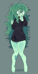 Rule 34 | 1girl, black sweater, breasts, colored skin, commentary, english commentary, full body, green hair, green skin, grey background, hair between eyes, highres, kibyland, long hair, long sleeves, looking at viewer, medium breasts, messy hair, monster girl, open mouth, original, simple background, slime girl, solo, sweater, tears, thick eyebrows, very long hair