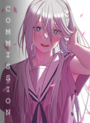 1girl :d andrian_januar_adilia armpit_crease blue_eyes blue_neckerchief collarbone commentary commission falling_petals grey_hair hair_between_eyes highres hoshina_subaru kaoru_hana_wa_rin_to_saku long_hair looking_at_viewer neckerchief open_mouth petals pink_shirt ponytail sailor_collar school_uniform serafuku shirt short_sleeves smile solo tucking_hair upper_body watermark white_sailor_collar