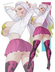 1girl arms_up artist_name ass ass_focus black_boots boots bra breast_focus breasts cleavage collared_shirt crop_top cropped_shirt daki_(kimetsu_no_yaiba) eyeshadow facial_mark full_body green_bra green_eyes green_hair hair_ornament high_heel_boots high_heels highres kimetsu_no_yaiba large_breasts lipstick long_hair looking_at_viewer makeup melowh miniskirt multicolored_boots multicolored_hair patreon_logo patreon_username pink_boots pink_eyeshadow pink_lips pink_skirt ribs school_uniform shirt sideboob skirt sleeves_rolled_up solo solo_focus standing streaked_hair teeth thigh_boots thigh_focus thighs underboob underwear very_long_hair white_hair white_shirt