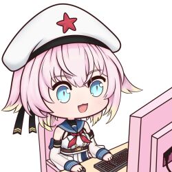Rule 34 | 1girl, :3, :d, beret, black background, blonde hair, blue eyes, chair, chibi, colored tips, computer, computer keyboard, detached sleeves, gradient hair, hair between eyes, hair flaps, hat, hat ornament, jinan (warship girls r), mode pi, monitor, multicolored hair, neckerchief, open mouth, pink hair, pink pupils, red star, simple background, sitting, smile, solo, star (symbol), star hat ornament, warship girls r