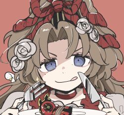 1girl 1other bird blue_eyes brown_hair choker clock coat curtained_hair dante_(limbus_company) flower fork goose highres holding holding_fork holding_knife indicant&#039;s_trial_(e.g.o) knife kojocho05 limbus_company long_hair looking_at_viewer mole mole_under_eye object_head parted_bangs project_moon red_background red_choker red_coat rodion_(project_moon) rose simple_background solo_focus tongue tongue_out updo upper_body white_flower white_rose