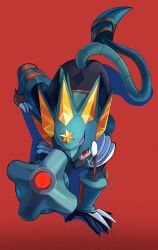 Rule 34 | 1boy, aiming, aiming at viewer, all fours, arm cannon, armor, black bodysuit, bodysuit, from above, full body, green armor, green helmet, green tail, gregar (mega man), helmet, highres, looking up, male focus, mask, mega man (series), mega man battle network (series), mega man battle network 6, megaman.exe, mouth mask, mr cairox, red background, red eyes, simple background, solo, weapon