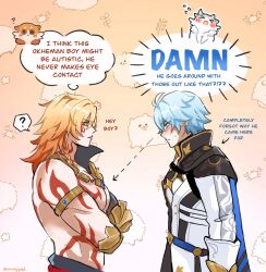 Rule 34 | 2boys, ?, antenna hair, arm tattoo, armlet, armor, artist name, black choker, black coat, black shirt, blonde hair, blue cape, blue eyes, blush, braid, cape, chest tattoo, chimera (honkai: star rail), choker, coat, facial tattoo, from side, gold necklace, gradient hair, hair between eyes, highres, honkai: star rail, honkai (series), jewelry, looking at pectorals, male focus, medium hair, multicolored hair, multiple boys, mydei (honkai: star rail), necklace, open clothes, open coat, pauldrons, phainon (honkai: star rail), profile, red hair, red tattoo, shirt, short hair, shoulder armor, side braid, single pauldron, spoken question mark, sweatdrop, tattoo, toned, toned male, white coat, white hair, yammyyml, yaoi, yellow eyes