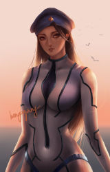 1girl absurdres adapted_costume aged_down alternate_costume ana_(overwatch) artist_name backlighting beret black_hair bodysuit breasts brown_eyes brown_hair captain_amari dark-skinned_female dark_skin facial_mark facial_tattoo female_focus gradient_background grey_background hat highres hongagany long_hair looking_at_viewer medium_breasts orange_background overwatch overwatch_1 parted_lips signature skin_tight smile solo tattoo upper_body