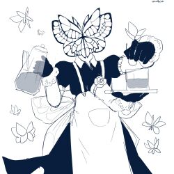 Rule 34 | animal head, apron, black dress, black gloves, bug, butterfly, collared dress, commentary, dress, english commentary, facing viewer, frilled cuffs, funeral of the dead butterflies, gloves, greyscale, highres, holding, holding pitcher, holding plate, insect, limbus company, lobotomy corporation, maid, monarch butterfly, monochrome, pitcher (container), plate, project moon, simple background, single extra arm, sugar cube, vessinthebox, white apron, white background, white butterfly