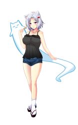 1girl :3 absurdres alpha_transparency animal_ears black_camisole black_sandals blue_shorts breasts camisole collarbone commentary_request denim denim_shorts food food_in_mouth fox_ears fox_girl full_body ghost grey_hair hair_ornament highres holding holding_food kiki_(koikuchikinako) large_breasts pink_eyes psd_available sandals short_shorts shorts socks solo touhoku_itako transparent_background voiceroid white_socks
