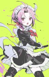 1boy ahoge alternate_costume apron back_bow black_dress black_thighhighs blush bow bowtie cowboy_shot crossdressing curtained_hair dita_iliner dress enmaided frilled_apron frills green_background hashtag-only_commentary highres holding holding_sword holding_weapon juliet_sleeves long_sleeves maid maid_headdress male_focus male_maid nb_66 open_mouth parted_bangs puffy_sleeves purple_eyes red_bow red_bowtie red_eyes saibou_shinkyoku short_dress solo sweat sword thighhighs trap v-shaped_eyebrows weapon white_apron white_bow