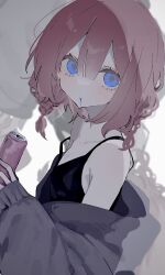 1girl amlle_66 black_tank_top blue_eyes braid can collarbone drooling flat_chest highres holding holding_can looking_at_viewer original pink_hair solo tank_top upper_body