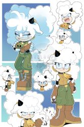 angry animal_ears animal_nose annoyed bell blue_eyes boots cargo_pants crossed_arms fingerless_gloves fluff fluffy furry furry_female gloves hair_between_eyes hand_on_own_hip highres horns lanolin_the_sheep leaning_on_object lines_on_eyes multiple_views open_mouth pants sega sheep sheep_ears sheep_girl sheep_horns shouting simple_background sleeveless sleevleess_shirt sonic_(series) speech_bubble thought_bubble twintails wrinkled_skin