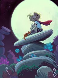 Rule 34 | 1girl, artist name, blonde hair, cape, cat, closed eyes, dated, dc comics, full moon, hairband, highres, long hair, looking up, mikemaihack, moon, night, outdoors, red cape, sitting, solo, streaky the supercat, supergirl