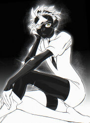 1boy asymmetrical_legwear black_skin closed_mouth colored_skin cosplay crystal_hair feet_out_of_frame frown gem_uniform_(houseki_no_kuni) gloves gundam gundam_tekketsu_no_orphans hair_over_one_eye half_gloves hand_up head_rest highres houseki_no_kuni knee_up looking_at_viewer loose_socks male_focus monochrome necktie orga_itsuka outstretched_arm parody puffy_short_sleeves puffy_sleeves short_hair short_sleeves sitting sketch socks solo spot_color sumooo_(ga_ilil) thighhighs translucent_hair yellow_eyes