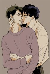 2boys arm_around_waist black_eyes black_hair black_pants brown_background brown_eyes brown_hair collared_shirt commentary_request cowboy_shot eye_contact fingernails grey_sweater haikyuu!! hand_on_another&#039;s_neck hk_smith_man imminent_kiss long_sleeves looking_at_another male_focus multiple_boys pants parted_lips sakusa_kiyoomi shirt shirt_tucked_in short_hair simple_background sweater thick_eyebrows ushijima_wakatoshi wavy_hair wing_collar yaoi