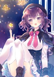 1girl :d absurdres beret black_capelet black_corset black_hat blue_background blue_frills blush breasts capelet commentary_request corset eri. hat highres lantern looking_at_viewer medium_breasts open_mouth original purple_eyes purple_hair smile solo star_(symbol) tagme