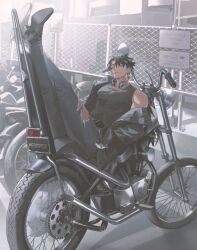 1boy black_hair chain-link_fence crossed_legs denim earrings fence genshin_impact handlebar hands_in_pockets headphones headphones_around_neck highres jewelry looking_at_viewer lyoo_(gajyago) male_focus motor_vehicle motorcycle off_shoulder pants parted_lips sitting solo stud_earrings tank_top torn_clothes torn_pants wheel wriothesley_(genshin_impact)