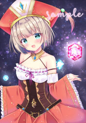 bare_shoulders breasts frills gem green_eyes grey_hair hat highres iris_mysteria! looking_at_viewer miwa_uni open_mouth porin_von_heilbronn ribbon sample_watermark small_breasts smile watermark wide_sleeves
