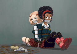 Rule 34 | 2girls, bdsm, black hair, blonde hair, blue eyes, bondage, bound, bound ankles, bound feet, bound legs, bound together, breast bondage, breasts, corndogsuper, dark-skinned female, dark skin, dragon ball, dragon ball super, fyler (dragon ball), gag, gagged, hair ornament, hairband, hairclip, improvised gag, legs, medium breasts, multiple girls, rope, rulah (dragon ball), school uniform, sideboob, skirt, tape, tape gag