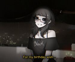Rule 34 | 1girl, absurdres, bare shoulders, birthday cake, black collar, black eyes, black hair, black shirt, blunt bangs, bra strap, cake, candle, chromatic aberration, clothes writing, collar, collarbone, commentary, cross, cross necklace, ear piercing, english commentary, english text, film grain, food, hair ornament, hairclip, highres, jewelry, looking at viewer, medium hair, mikuneki, necklace, off-shoulder shirt, off shoulder, original, piercing, riyo kaede (mikuneki), semi-rimless eyewear, shirt, short sleeves, smile, solo, under-rim eyewear