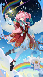 1girl absurdres angel_wings aqua_bow aqua_bowtie aqua_eyes aqua_hair bow bowtie breasts chinese_commentary cloud commentary_request dress drill_hair hat highres holding holding_staff honkai:_star_rail honkai_(series) hyacine_(honkai:_star_rail) infinity_symbol little_ica_(honkai:_star_rail) medium_hair multicolored_hair npp_(artist) pantyhose pink_hair rainbow red_dress red_hat sky small_breasts smile staff star_(sky) starry_sky twin_drills two-tone_hair white_pantyhose wings