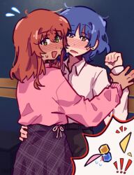 Rule 34 | 2girls, ahoge, black skirt, blue hair, blush, bocchi the rock!, caught, collared shirt, commentary, cube hair ornament, ear blush, earrings, english commentary, flying sweatdrops, full-face blush, gotoh hitori, green eyes, hair ornament, hand on another&#039;s waist, highres, hiimross, ijichi nijika, indoors, jewelry, kita ikuyo, long hair, mole, mole under eye, multiple girls, open mouth, pink shirt, purple skirt, red hair, shirt, short hair, skirt, stud earrings, sweat, white shirt, yamada ryo, yellow eyes, yuri