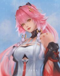 1girl bare_shoulders black_collar body_markings braid breasts changli_(wuthering_waves) cleavage closed_mouth collar commentary hair_extensions hair_ornament highres looking_at_viewer meikawa_(meikawachan) multicolored_hair orange_eyes pink_hair ring_hair_extensions solo tacet_mark_(wuthering_waves) twin_braids two-tone_hair upper_body white_hair wuthering_waves