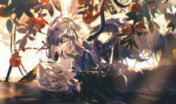 Rule 34 | apple, apple tree, arcana (reverse:1999), black dress, blindfold, blue hair, branch, dress, face-to-face, facing another, food, from side, fruit, grey hair, hand on another&#039;s head, leaf, light rays, long dress, long hair, long sleeves, looking at another, lying, official alternate costume, on back, open mouth, partially submerged, reverse:1999, short hair, spinning wheel, sunbeam, sunlight, tree, upper body, urd (reverse:1999), very long hair, walluka, wand in head, water, white background, yellow eyes, yuri
