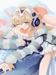 1girl absurdres bare_shoulders blonde_hair cellphone collarbone commentary_request dress fate/grand_order fate_(series) fingernails headphones highres holding holding_phone jeanne_d&#039;arc_(fate) long_hair looking_at_viewer metatron_jeanne_(fate) metatron_jeanne_(second_ascension)_(fate) nagatsuki_(huwamo9_8ku) off_shoulder one_eye_closed open_mouth phone pillow signature solo white_dress yawning yellow_eyes