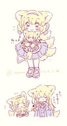 Rule 34 | animal ears, arknights, blue dress, blue hairband, blue jacket, blue shoes, blue vest, character doll, closed eyes, closed mouth, commentary request, doll, dress, fox ears, fox girl, fox tail, frilled dress, frills, hairband, highres, jacket, kitsune, kyuubi, momomomowan, mother and daughter, multiple tails, shoes, suzuran (arknights), tail, translation request, vest, vulpisfoglia (arknights)