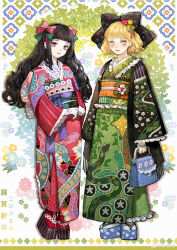 Rule 34 | 2girls, absurdres, bag, baiguiyu, black bow, black hair, blonde hair, blue eyes, blunt bangs, blush, bow, closed mouth, floral background, floral print, flower, frilled kimono, frilled sleeves, frills, full body, gloves, green kimono, hair bow, hair ornament, handbag, highres, holding, holding bag, japanese clothes, kimono, long hair, long sleeves, looking at viewer, multiple girls, obi, original, sash, short hair, smile, socks, standing, tabi, wavy hair, white gloves, wide sleeves