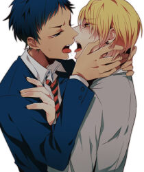 Rule 34 | 2boys, aomine daiki, black necktie, blazer, blonde hair, blue eyes, blue hair, blue jacket, blush, buttons, collared shirt, from side, furrowed brow, grey jacket, half-closed eyes, hand on another&#039;s shoulder, hands on another&#039;s face, interracial, jacket, kise ryouta, kiss, kuroko no basuke, layered sleeves, long sleeves, male focus, multiple boys, necktie, open clothes, open jacket, open mouth, pointy nose, red necktie, ryabu, saliva, saliva trail, school uniform, shirt, simple background, striped necktie, tearing up, teeth, tongue, two-tone necktie, upper body, upper teeth only, white background, white shirt, yaoi, yellow eyes