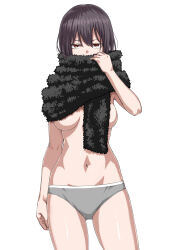 1girl absurdres black_hair breasts brown_eyes highres large_breasts original panties scarf solo topless_female tuskryo underwear underwear_only white_background