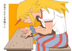 1girl blonde_hair blue_skirt commentary_request cone_horns feet_out_of_frame horns hoshiguma_yuugi leaning_forward long_hair looking_down onikobe_rin orange_background pointy_ears red_horns red_skirt shirt short_sleeves simple_background single_horn sitting skirt solo striped_clothes striped_skirt table touhou translation_request two-tone_background vertical-striped_clothes vertical-striped_skirt white_background white_shirt |_|