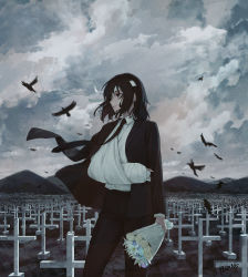 1girl absurdres arm_rest arm_sling bandaged_arm bandaged_head bandages bird black_hair black_necktie black_pants bouquet chainsaw_man cloud cloudy_sky collared_shirt cross crow eyepatch floating_clothes floating_neckwear flower formal_clothes grave graveyard highres himeno_(chainsaw_man) mountainous_horizon necktie pants pigone scenery shirt shirt_tucked_in short_hair sky solo standing suit white_shirt