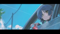 1girl absurdres blue_hair blue_sky bocchi_the_rock! can car cloud commentary_request contrail glasses green_eyes highres holding holding_can kukuzero_neko letterboxed looking_at_viewer looking_outside medium_hair motor_vehicle outdoors round_eyewear sky solo yamada_ryo