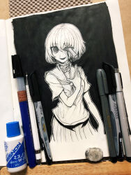 1girl art_tools_in_frame bleeding blood fujimi_no_fujimi-san greyscale highres injury knife_in_head looking_at_viewer monochrome nazo_no_diaboro object_through_head original photo_(medium) ringed_eyes school_uniform serafuku short_hair skirt smile solo stab traditional_media