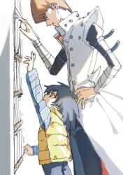 2boys black_hair blue_shirt brothers brown_hair coat cowboy_shot from_side kaiba_mokuba kaiba_seto male_focus medium_hair moemoenomori multiple_boys profile reaching shirt short_hair siblings vest white_coat yellow_vest yu-gi-oh! yu-gi-oh!_duel_monsters