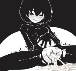 1girl ^^^ after_vaginal aftersex akableak arm_support ass black_background black_bodysuit black_eyes black_hair blush bob_cut bodysuit breasts clitoral_hood clitoris covered_collarbone cum cum_in_pussy cum_pool empty_eyes feet_out_of_frame greyscale groin_tendon hair_between_eyes hand_on_own_stomach highres leaning_back looking_at_self looking_down midriff monochrome monogatari_(series) navel on_ground oshino_ougi parted_lips pussy_juice raised_eyebrows short_hair small_breasts smile solo spasm splashing spread_legs torn_bodysuit torn_clothes uncensored white_background wide_spread_legs