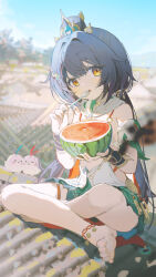 1girl absurdres bare_shoulders barefoot blue_hair chinese_clothes coria detached_sleeves food fruit highres holding holding_food holding_fruit holding_spoon honkai:_star_rail honkai_(series) long_hair looking_at_viewer outdoors parted_lips sitting solo spoon toes watermelon yellow_eyes yunli_(honkai:_star_rail)
