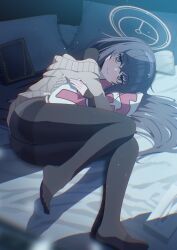 Rule 34 | 1girl, ass, bags under eyes, bed, bedroom, black hair, black pantyhose, blue archive, blue eyes, blue hairband, brown cardigan, cardigan, commentary, crossed bangs, foreshortening, full body, hair between eyes, hairband, halo, highres, hugging object, indoors, jitome, knees together feet apart, legs, light particles, long hair, looking at viewer, lying, night, no shoes, on side, panties, panties under pantyhose, pantyhose, pillow, pillow hug, round eyewear, smile, solo, thighs, tissue box, toes, ui (blue archive), underwear, very long hair, xaiqi, yellow-framed eyewear, yellow halo, yes, yes-no pillow