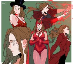 1girl artist_name avengers:_infinity_war avengers_(series) bare_shoulders black_hat black_pants black_shirt border breasts brown_hair cape cleavage closed_eyes coat collarbone commentary_request corset cowboy_shot crying crying_with_eyes_open elbow_gloves floating_hair gloves green_background green_cape green_eyes hands_up hat highres hood hoodie karmaho korean_commentary lapels large_breasts leotard lips long_hair long_sleeves looking_to_the_side low_ponytail magic marvel marvel_cinematic_universe mask mask_on_head multiple_views open_clothes open_coat open_hoodie open_mouth outside_border pants pantyhose pink_pantyhose ponytail red_cape red_coat red_corset red_eyes red_gloves red_hoodie red_leotard red_lips red_mask red_tank_top scarlet_witch shirt short_hair sidelocks simple_background smile standing t-shirt tank_top tears teeth top_hat two-sided_cape two-sided_fabric v-shaped_eyebrows wanda_maximoff wandavision wavy_hair white_border