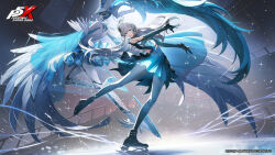 1girl artist_request black_gloves blue_dress closed_mouth copyright_name dress elbow_gloves floating_hair gloves grey_hair hair_between_eyes highres ice_skates ice_skating indoors long_hair looking_at_viewer montagne_kotone official_alternate_costume official_art pantyhose persona persona_5 persona_5:_the_phantom_x skates skating smile standing standing_on_one_leg swept_bangs terpsichore_(persona) third-party_source white_pantyhose