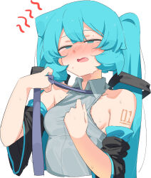 abmayo armpit_crease bare_shoulders blue_eyes blue_hair blush breasts detached_sleeves hair_ornament hatsune_miku highres hot necktie partially_unbuttoned saliva shirt_tug sideboob sweat sweatdrop twintails white_background